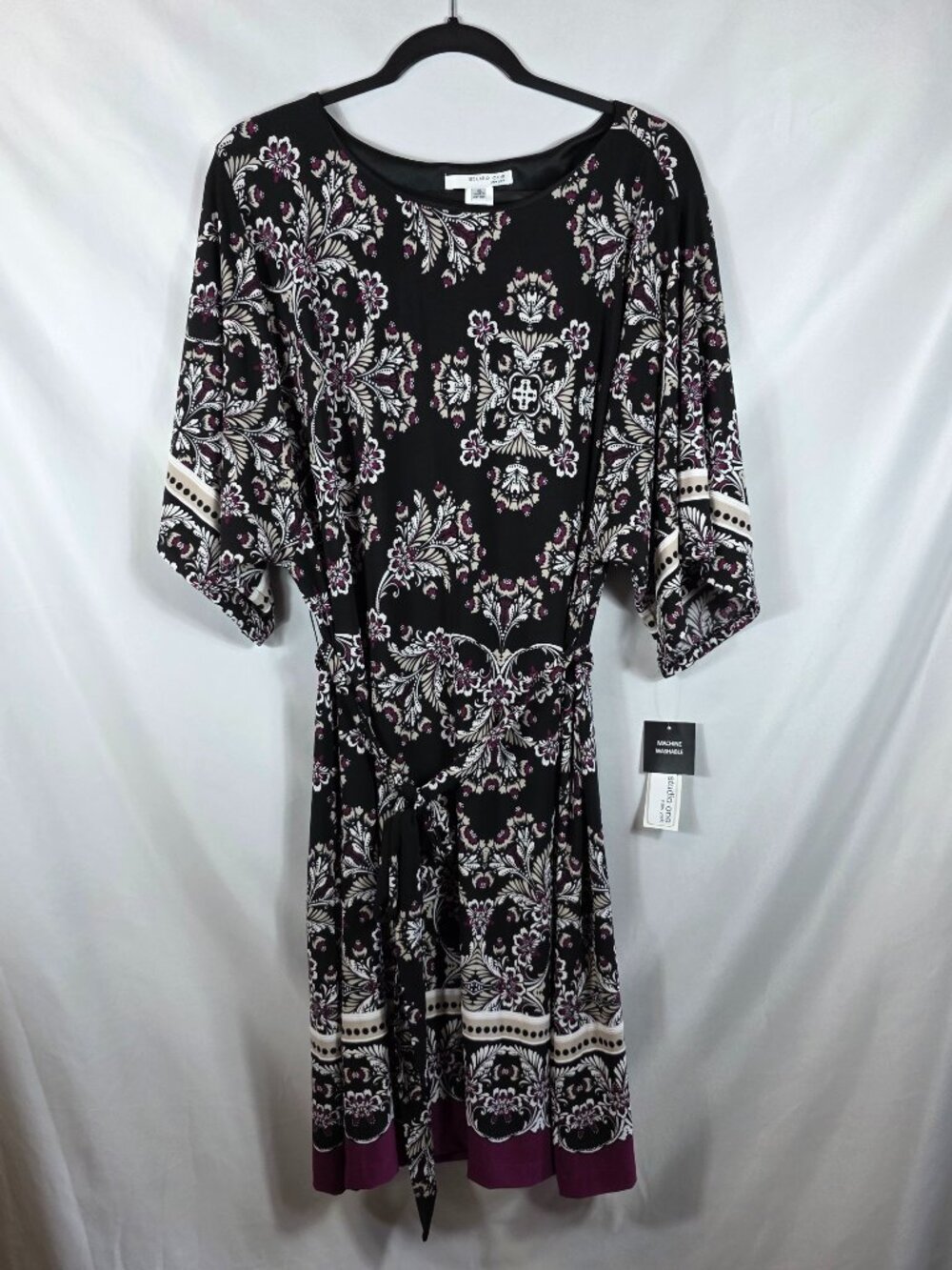 Studio One Belted Shift Dress Women's Size XL Black & Purple Floral Print NEW